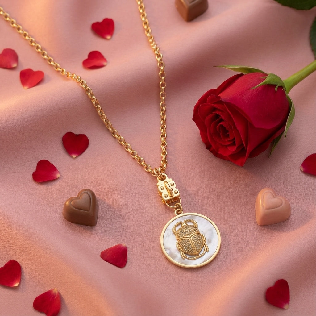 Diamond Scarab Pendant on Mother of Pearl Disc – Vermeil & Gold-Filled