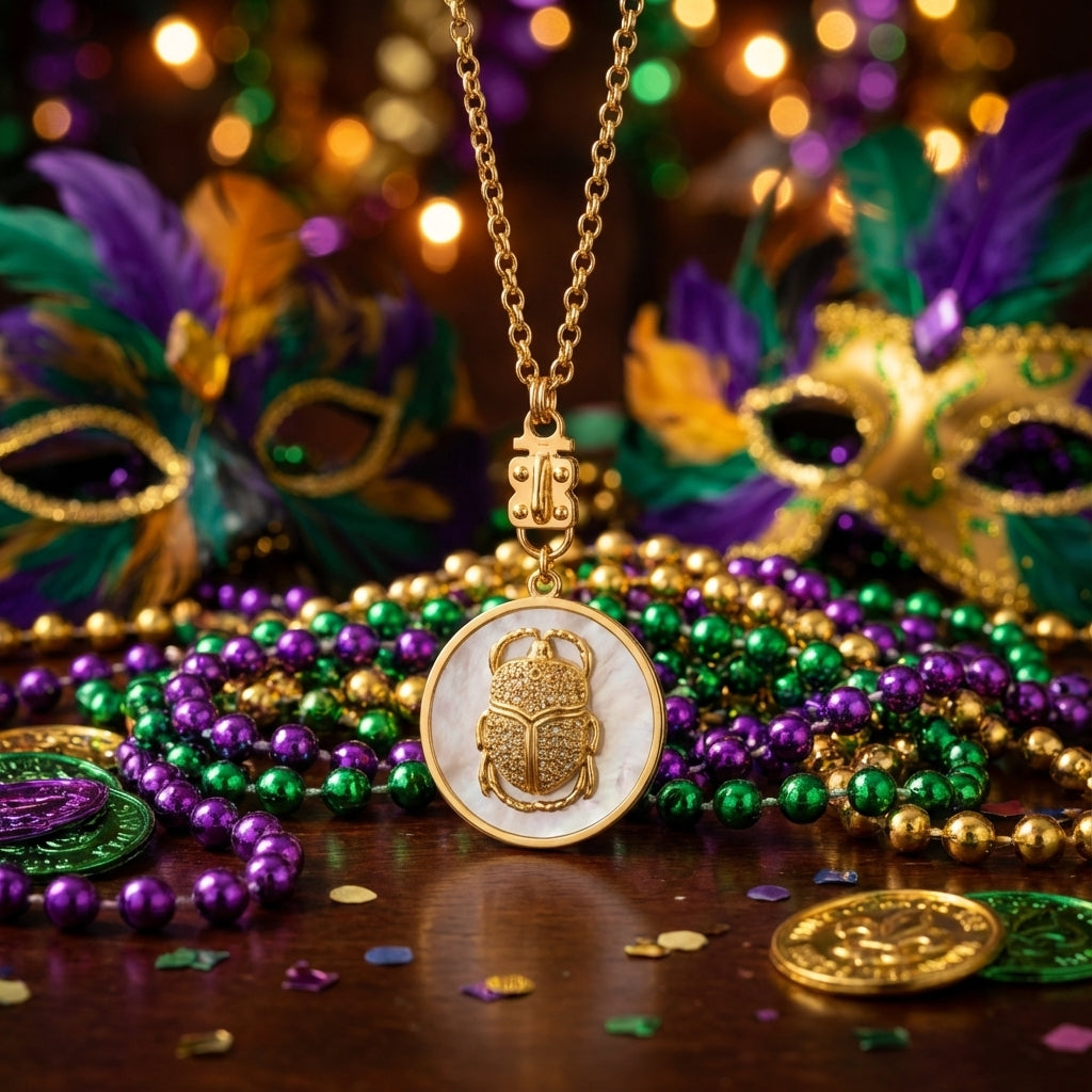 Diamond Scarab Pendant on Mother of Pearl Disc – Vermeil & Gold-Filled