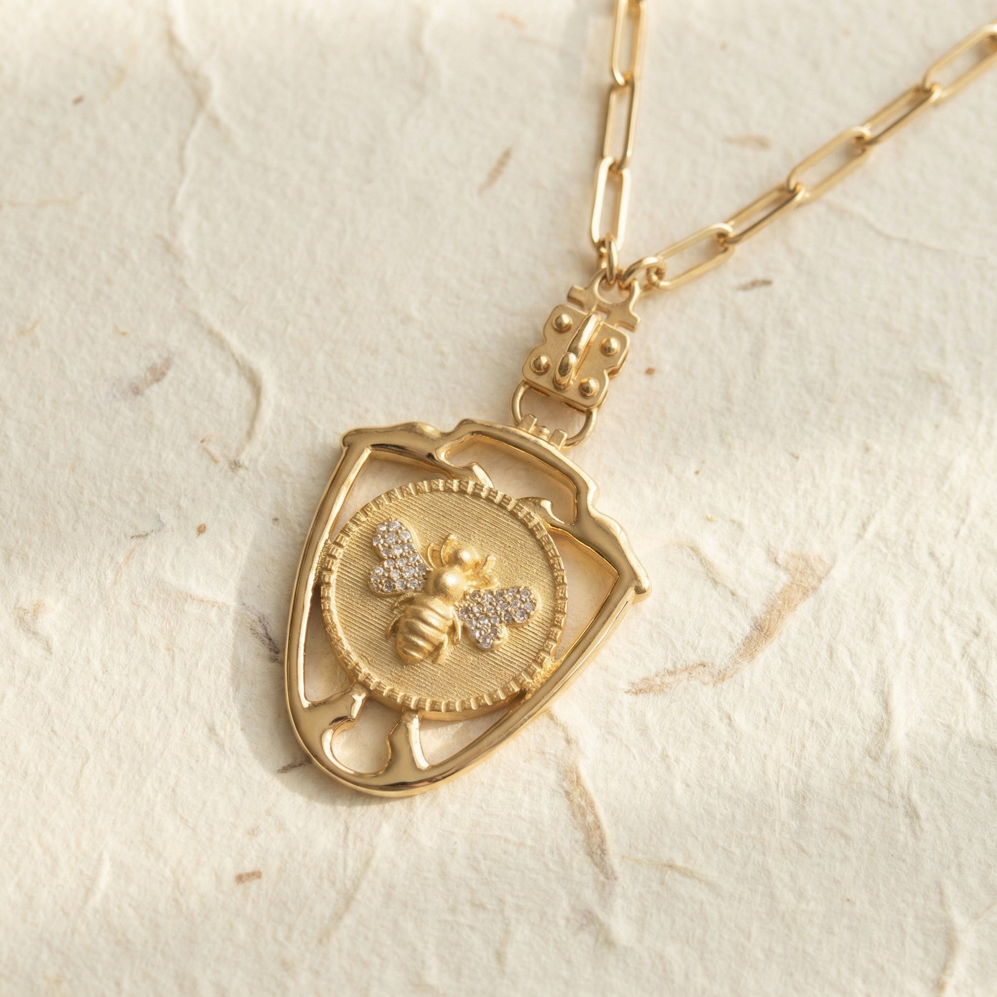 Diamond Winged Queen Bee Pendant within Shield Design – Sterling or Vermeil