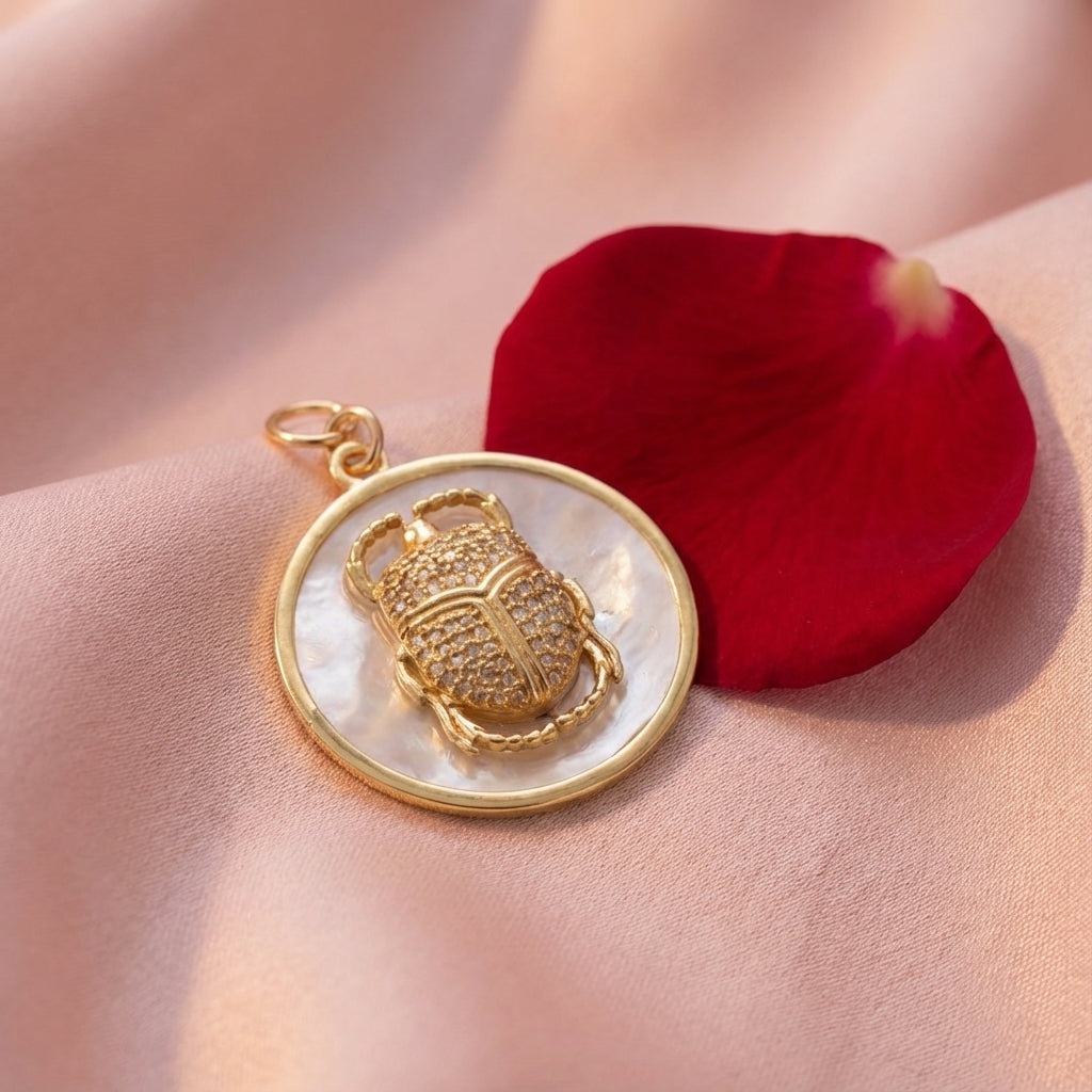 Diamond Scarab Pendant on Mother of Pearl Disc – Vermeil & Gold-Filled