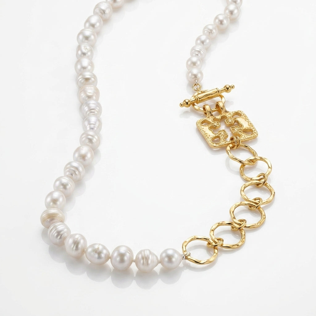 Pearl Necklace with Roman Replica Pendant, 38" Gold | Sennod