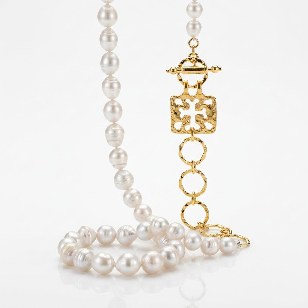 Pearl Necklace with Roman Replica Pendant, 38" Gold | Sennod