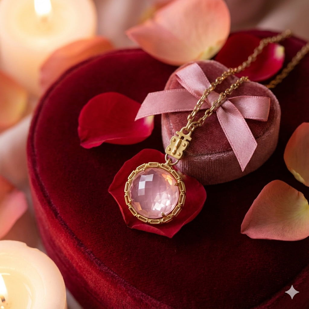 Maxine Round Vignette - Faceted Pink Quartz with Chain Bezel – Vermeil & Sterling