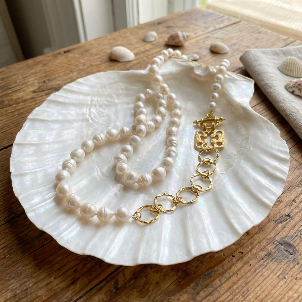 Pearls 10-11mm & Chain w/ Triumph Roman replica & Bar-38"- Gold