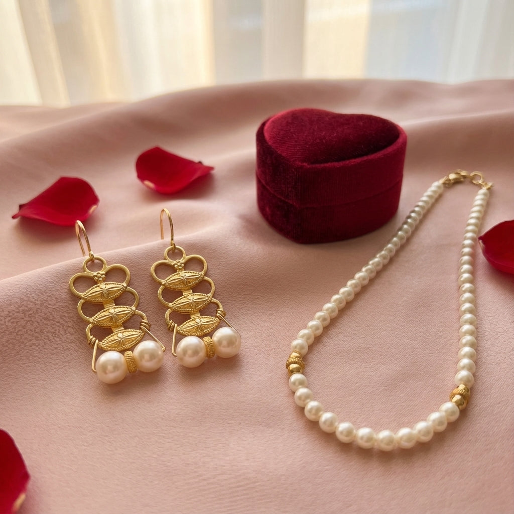 Ancient Persian Motif Earrings with Pearls and Golden Accent