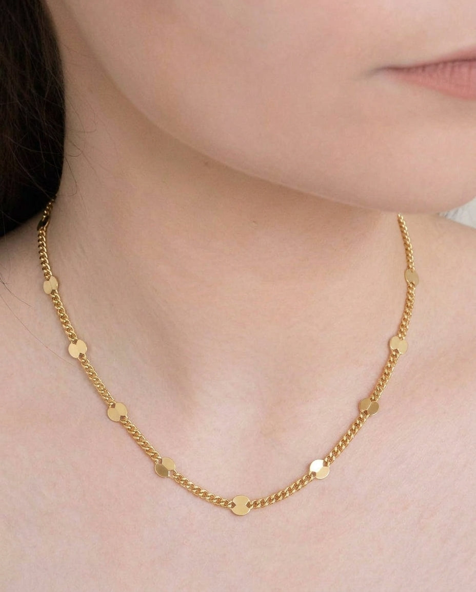 Gold Curb & Dapped Link Chain Necklace, 14K GF | Sennod