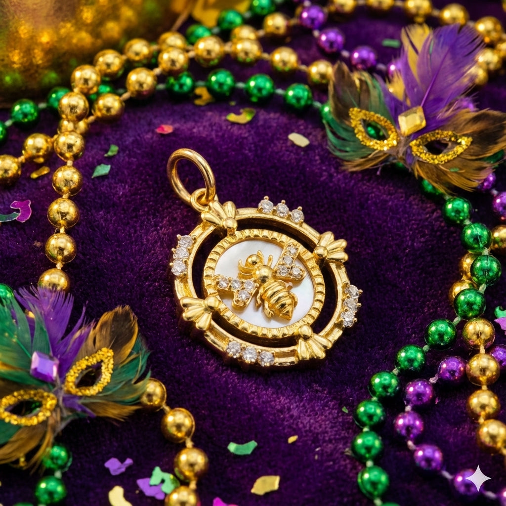 Diamond Small Bee & Mother of Pearl Disc/ Diamond- Gold