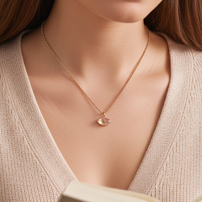 Elouise Necklace - Gold Ball Chain Necklace with Elliptical Pink Quartz Stone and Diamond Center Accent – Vermeil & Diamond