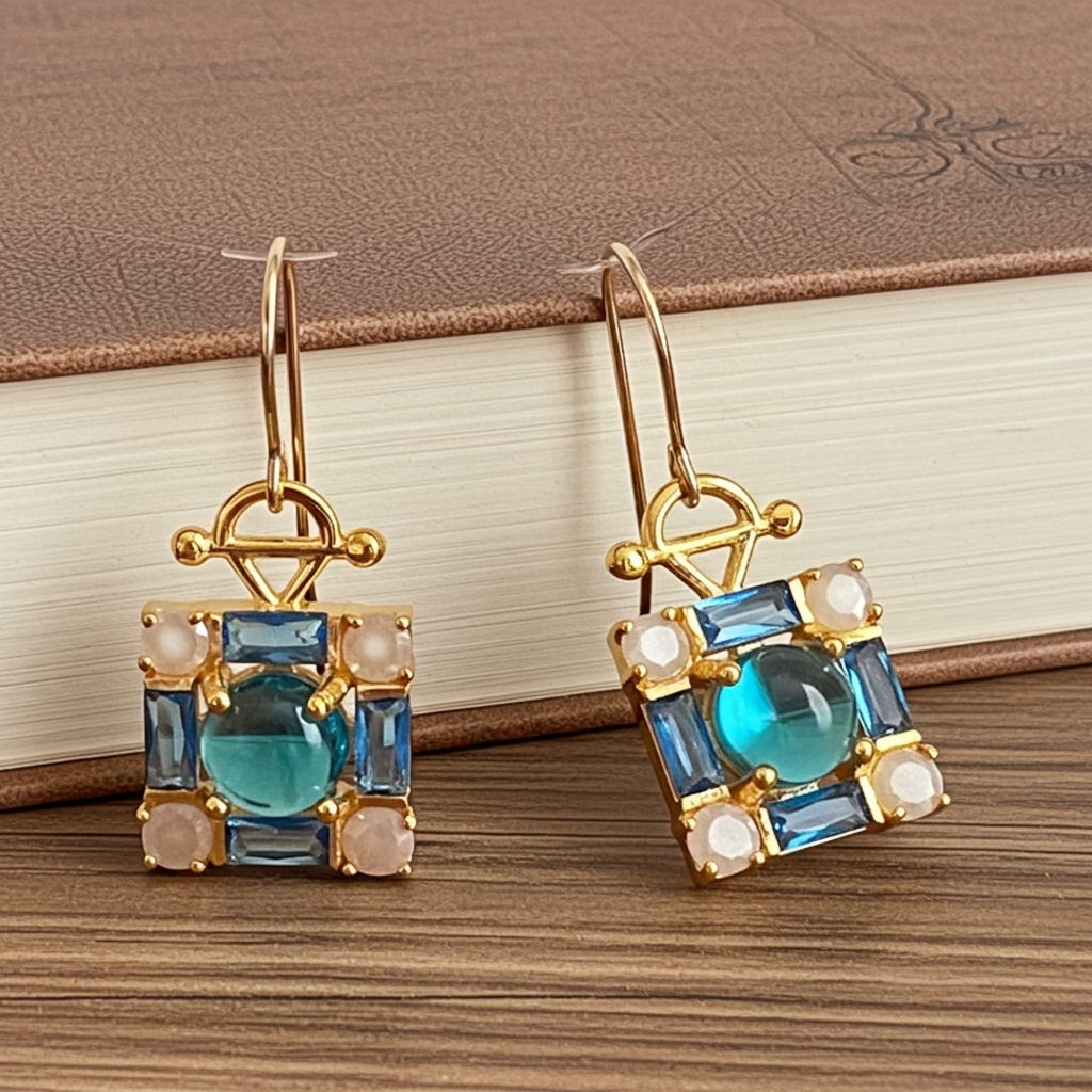 Madison-Square Pendant Earrings with Cross-Pattern Design – Vermeil & Gold-Filled Ear Wire