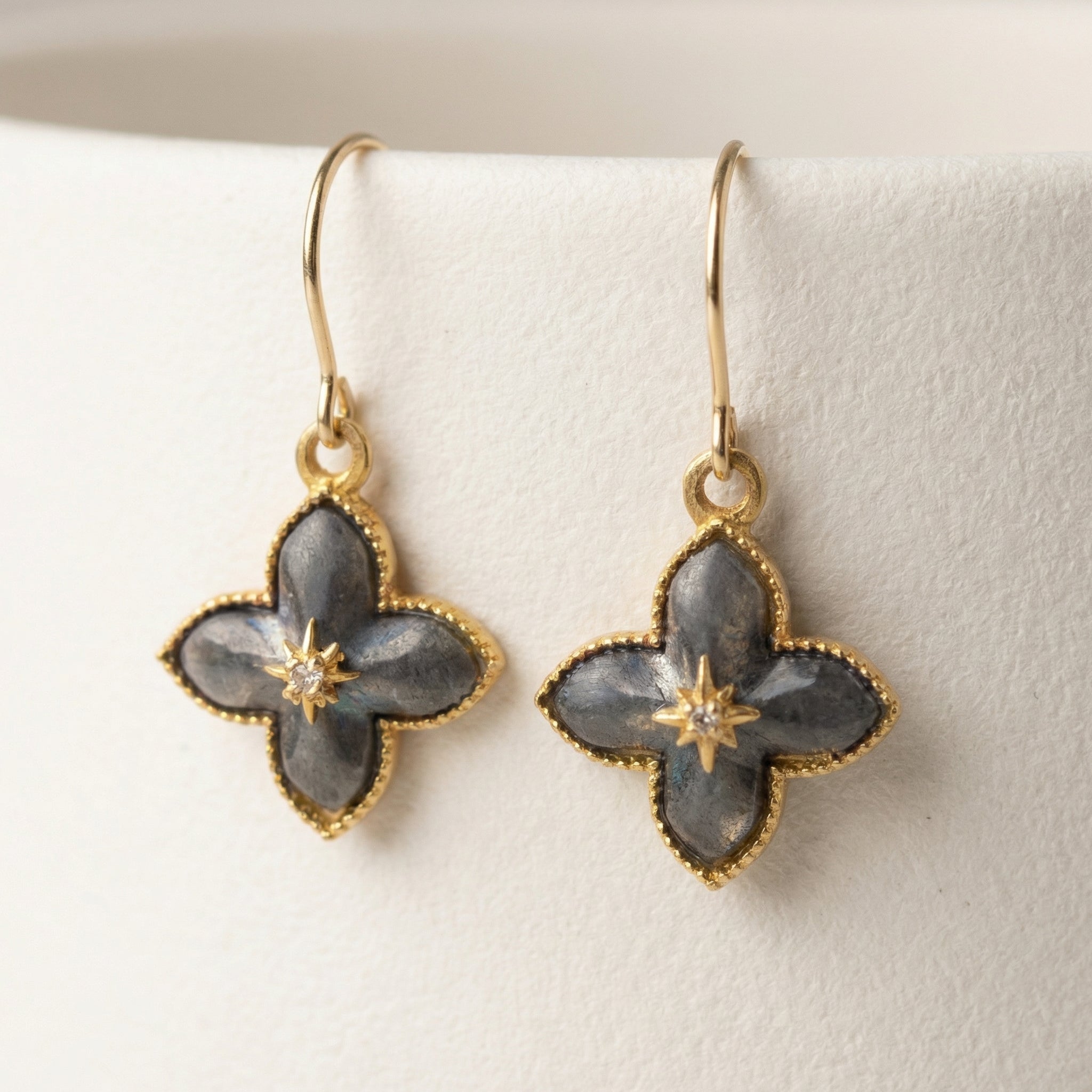 Puffed Clover Earrings with Center Diamond – Gold & Black Combo