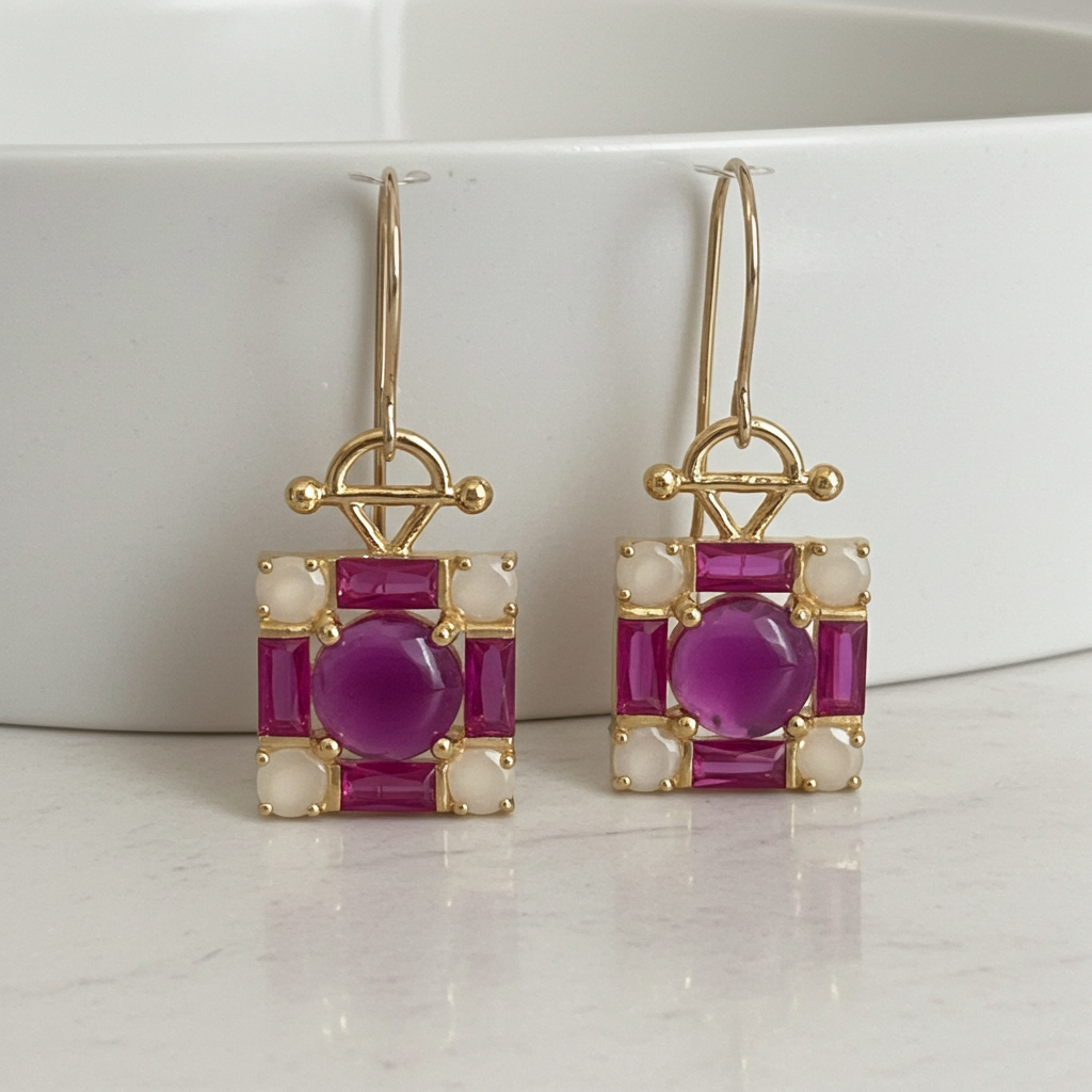 Madison-Square Pendant Earrings with Cross-Pattern Design – Vermeil & Gold-Filled Ear Wire