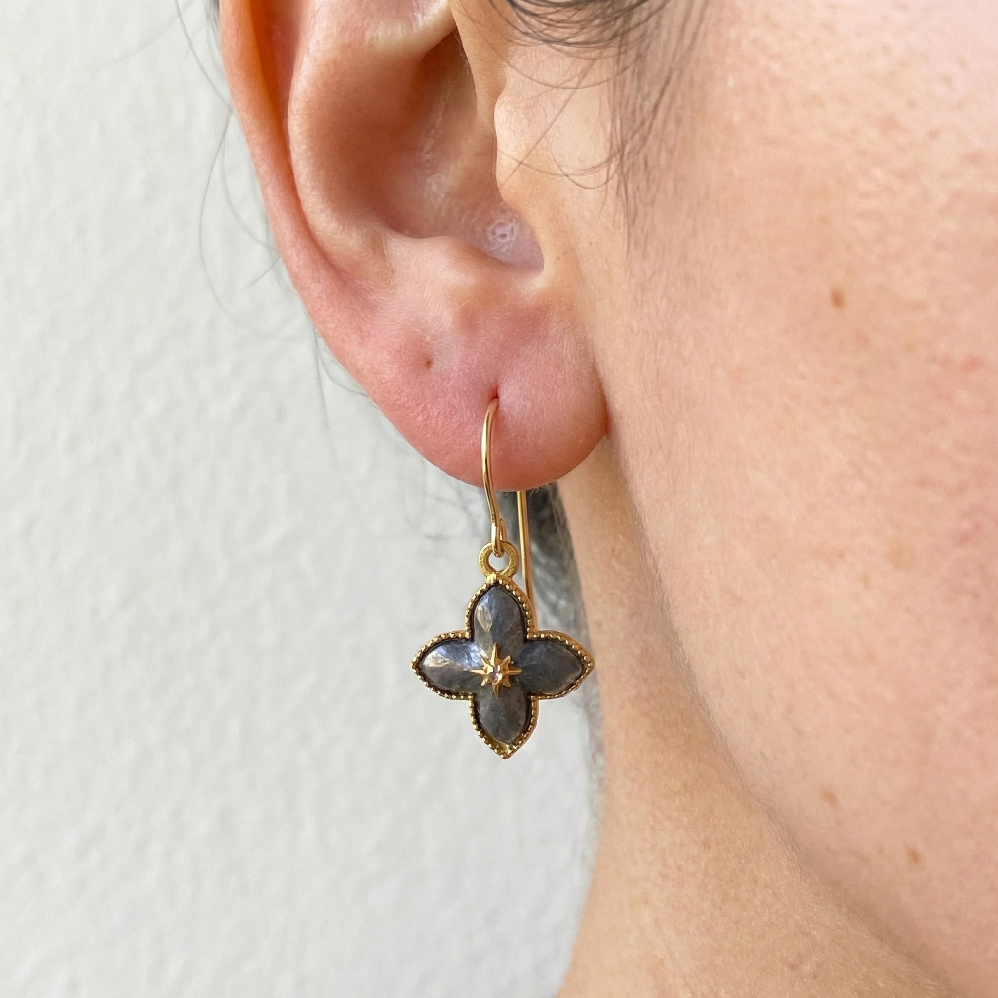 Puffed Clover Earrings with Center Diamond – Gold & Black Combo