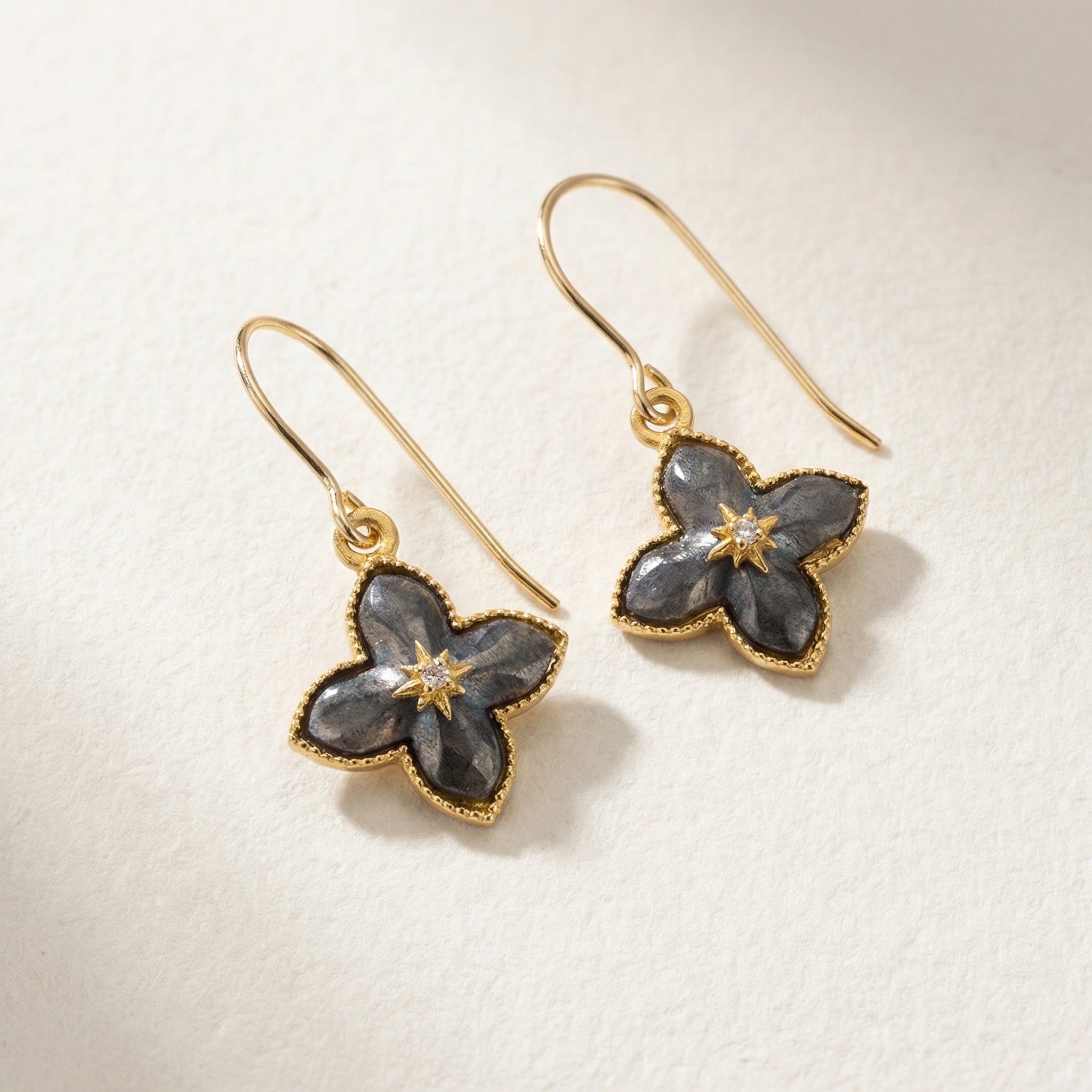 Puffed Clover Earrings with Center Diamond – Gold & Black Combo