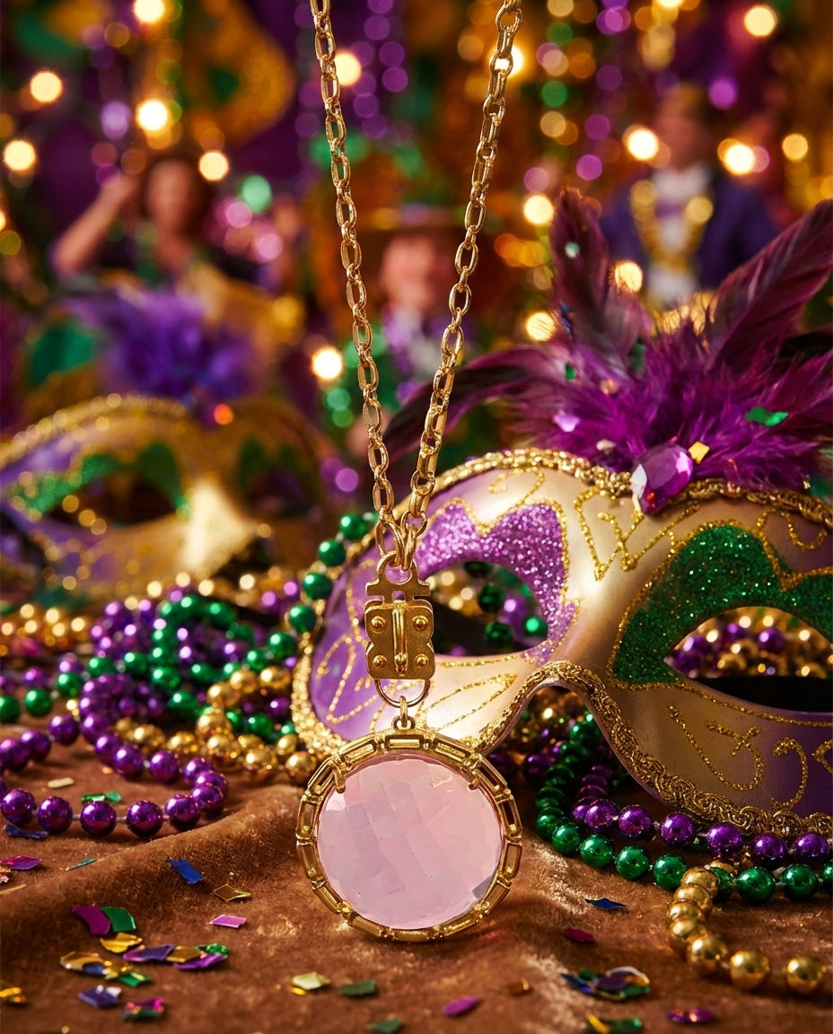 Maxine Round Vignette - Faceted Pink Quartz with Chain Bezel – Vermeil & Sterling