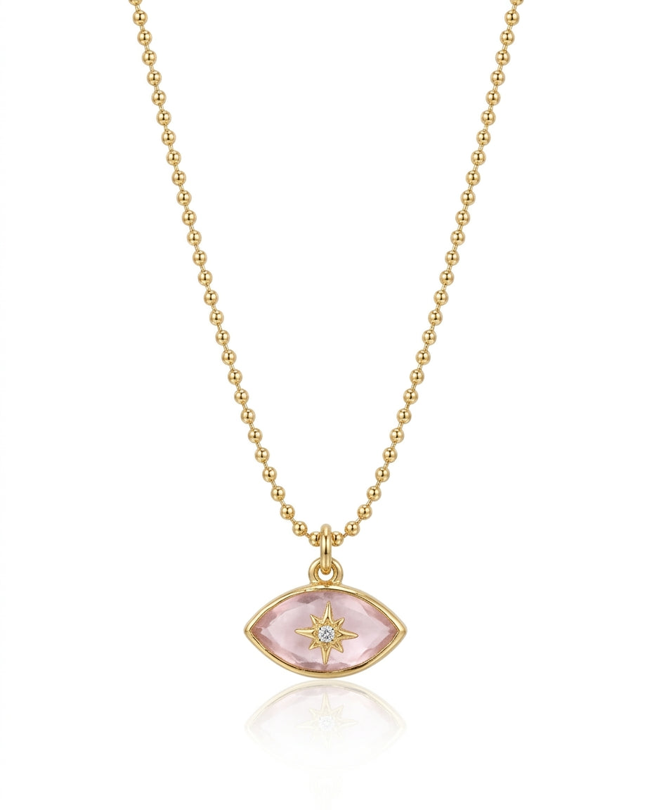 Elouise Necklace - Gold Ball Chain Necklace with Elliptical Pink Quartz Stone and Diamond Center Accent – Vermeil & Diamond