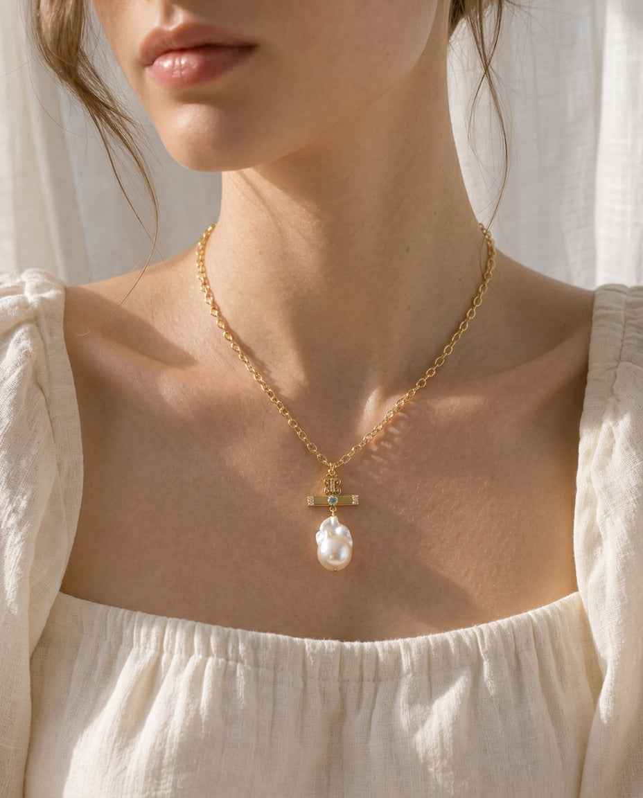 Baroque Pearl & Isis Bar Diamond/ Blue Topaz
