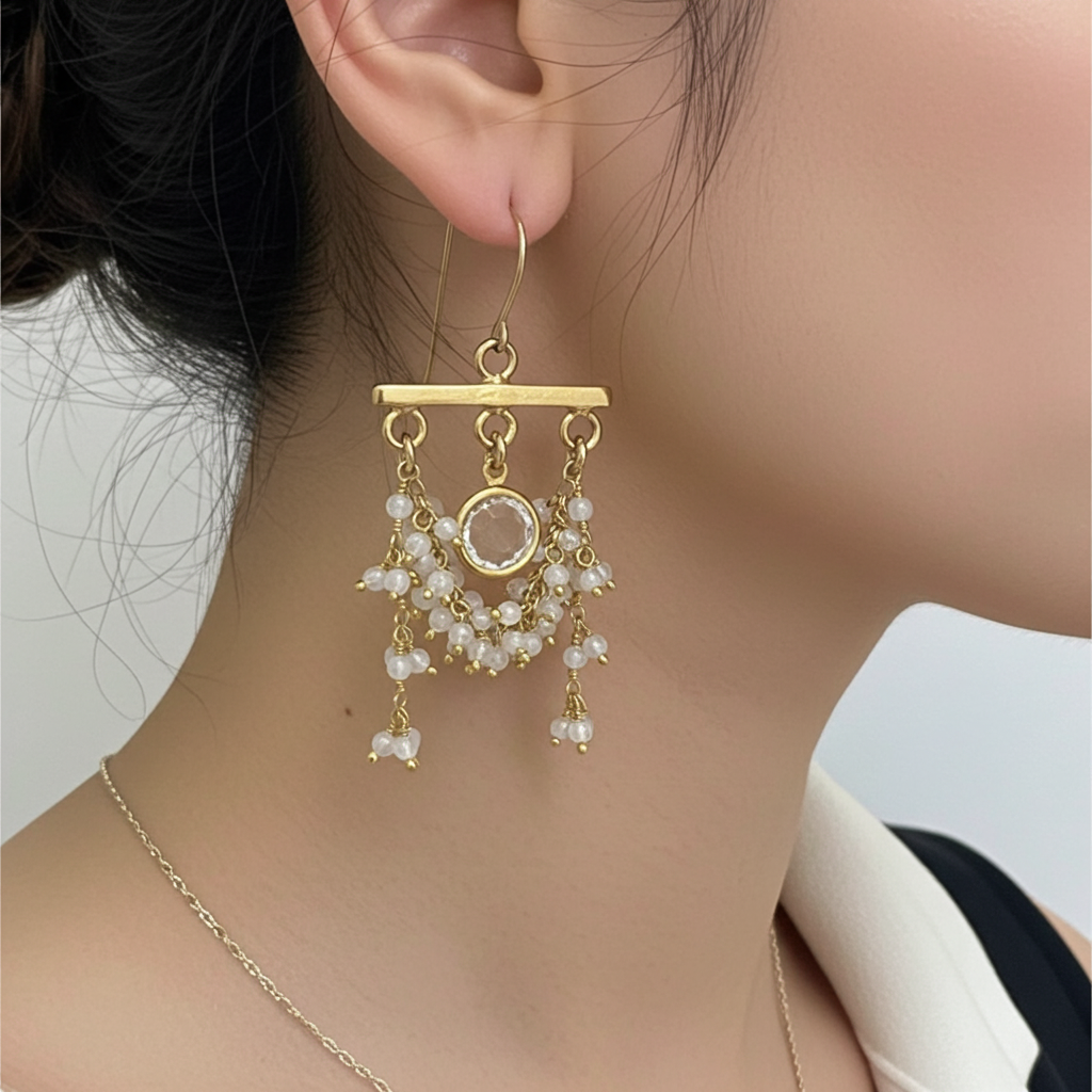 Moonstone Swag Earrings with Crystal Quartz Center – Gold Filled & Vermeil