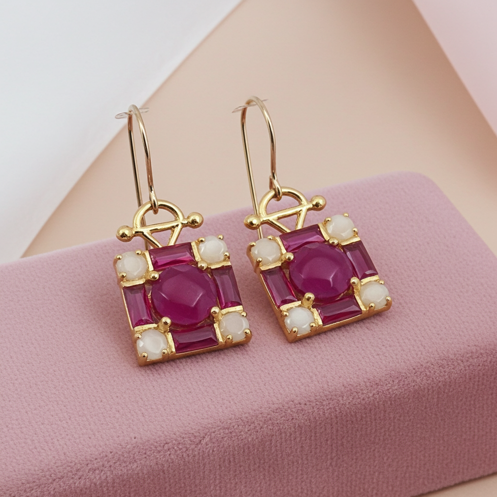 Madison-Square Pendant Earrings with Cross-Pattern Design – Vermeil & Gold-Filled Ear Wire