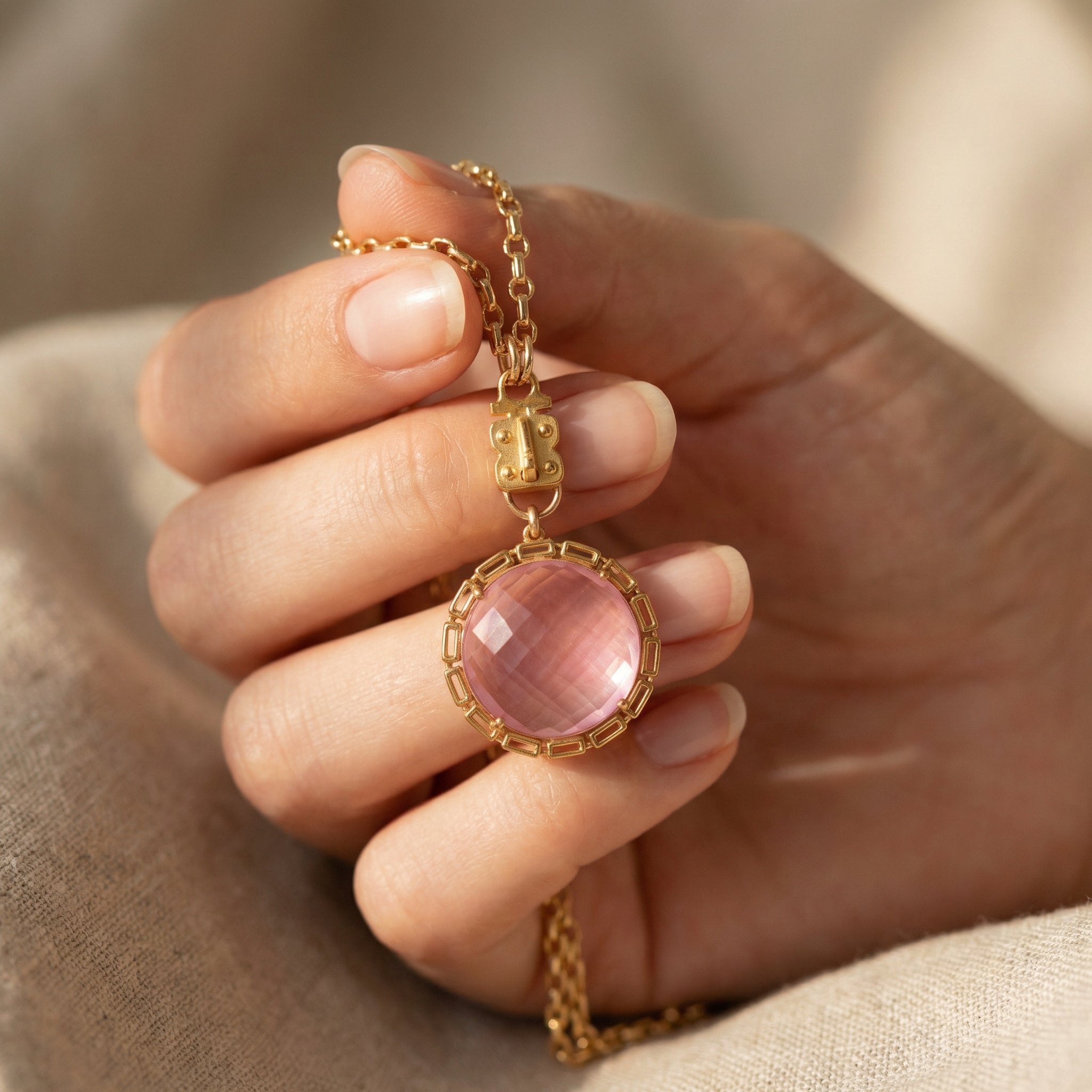 Maxine Round Vignette - Faceted Pink Quartz with Chain Bezel – Vermeil & Sterling
