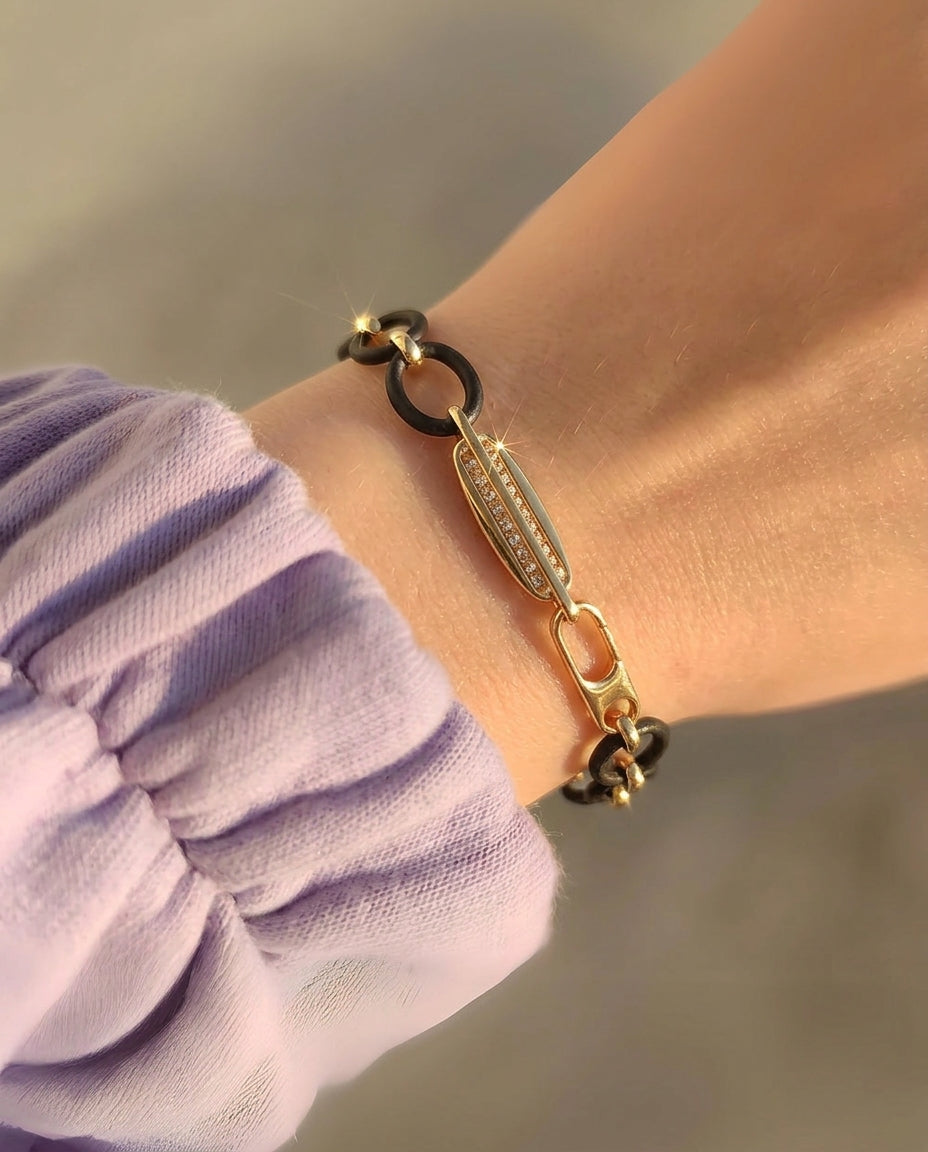 Black & Gold Cable Link Bracelet, 14K GF | Sennod