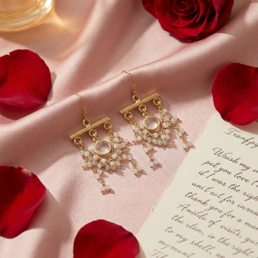 Moonstone Swag Earrings with Crystal Quartz Center – Gold Filled & Vermeil