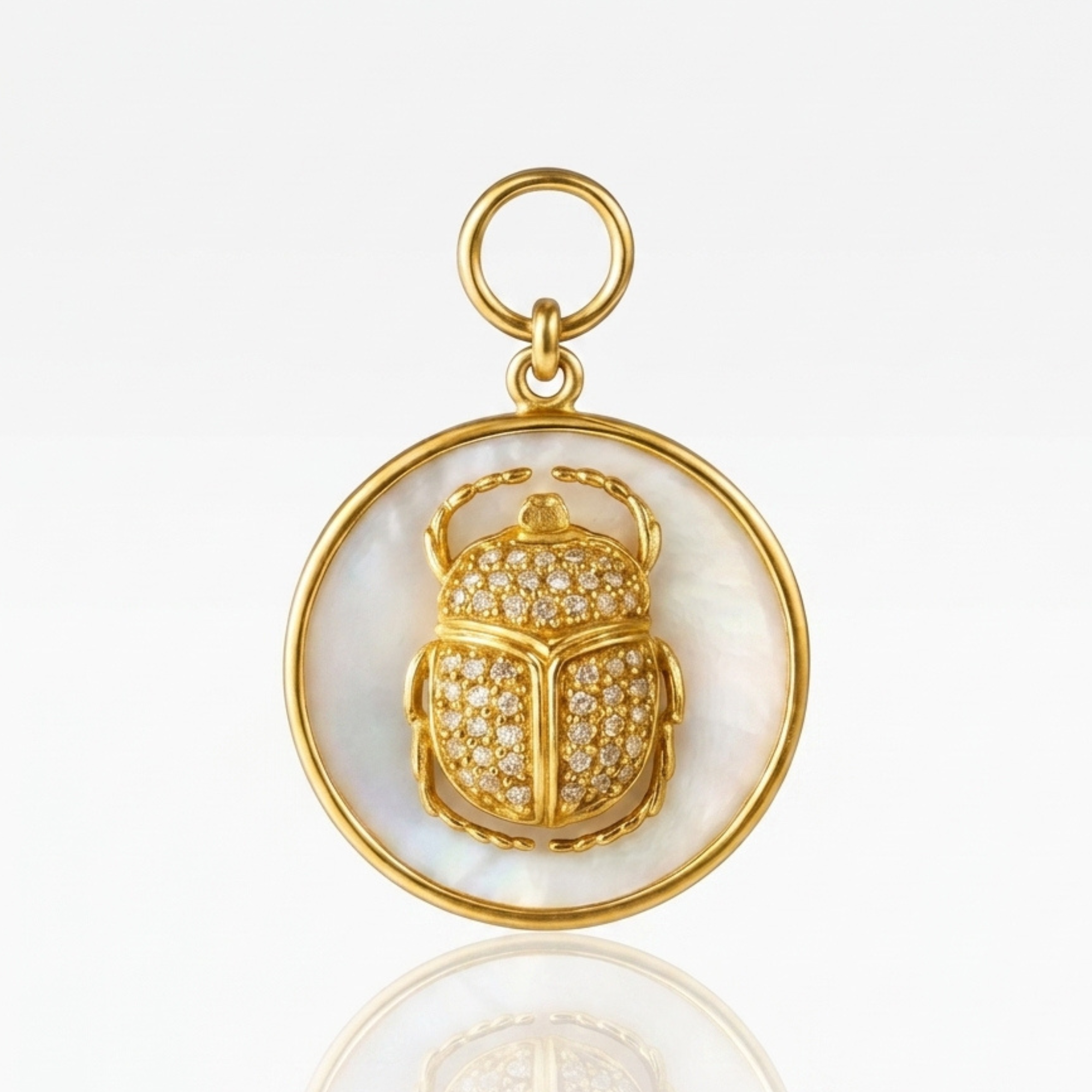 Diamond Scarab Pendant on Mother of Pearl Disc – Vermeil & Gold-Filled