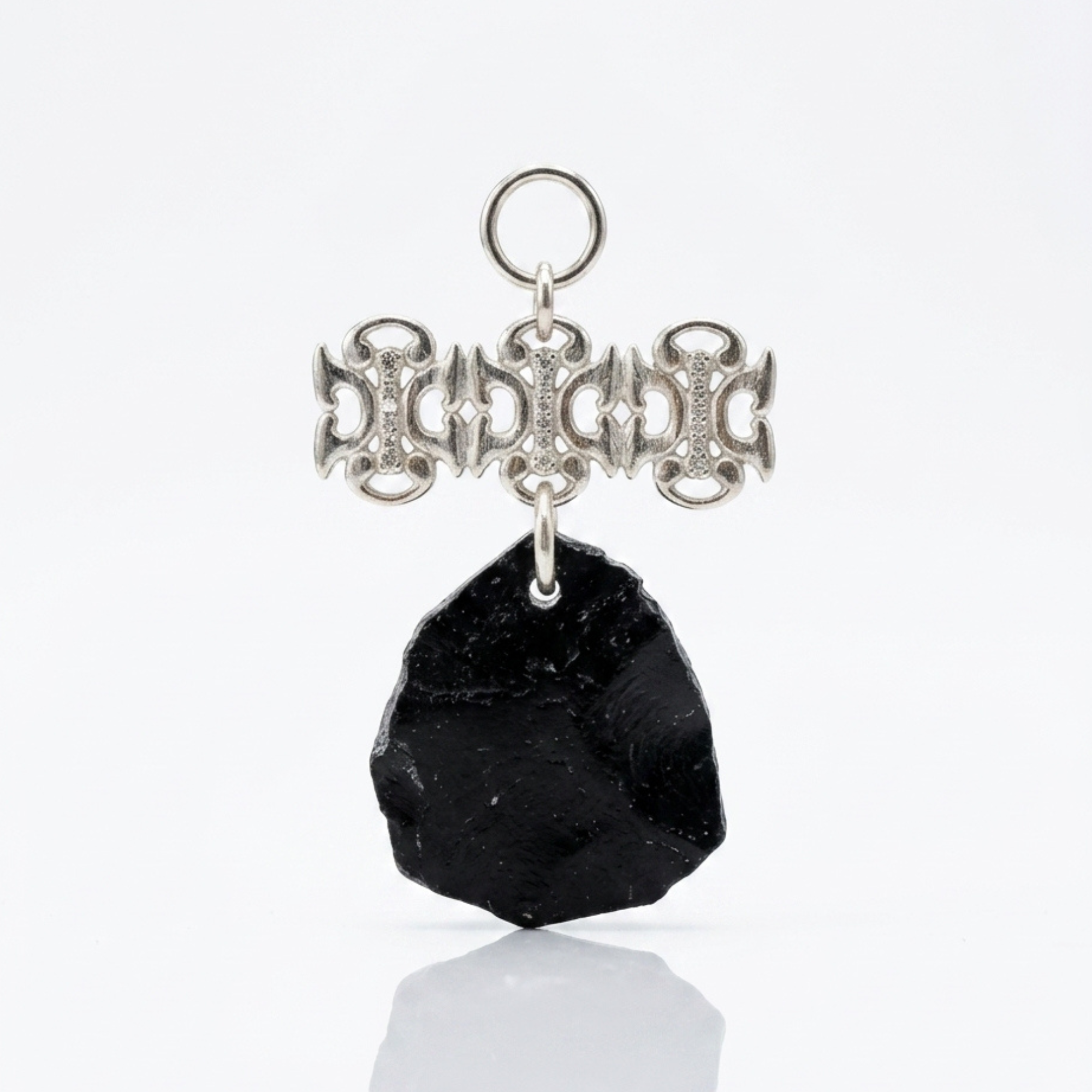 Polished Black Tourmaline Pendant with Silver Diamond Baronet Bar – Sterling Silver