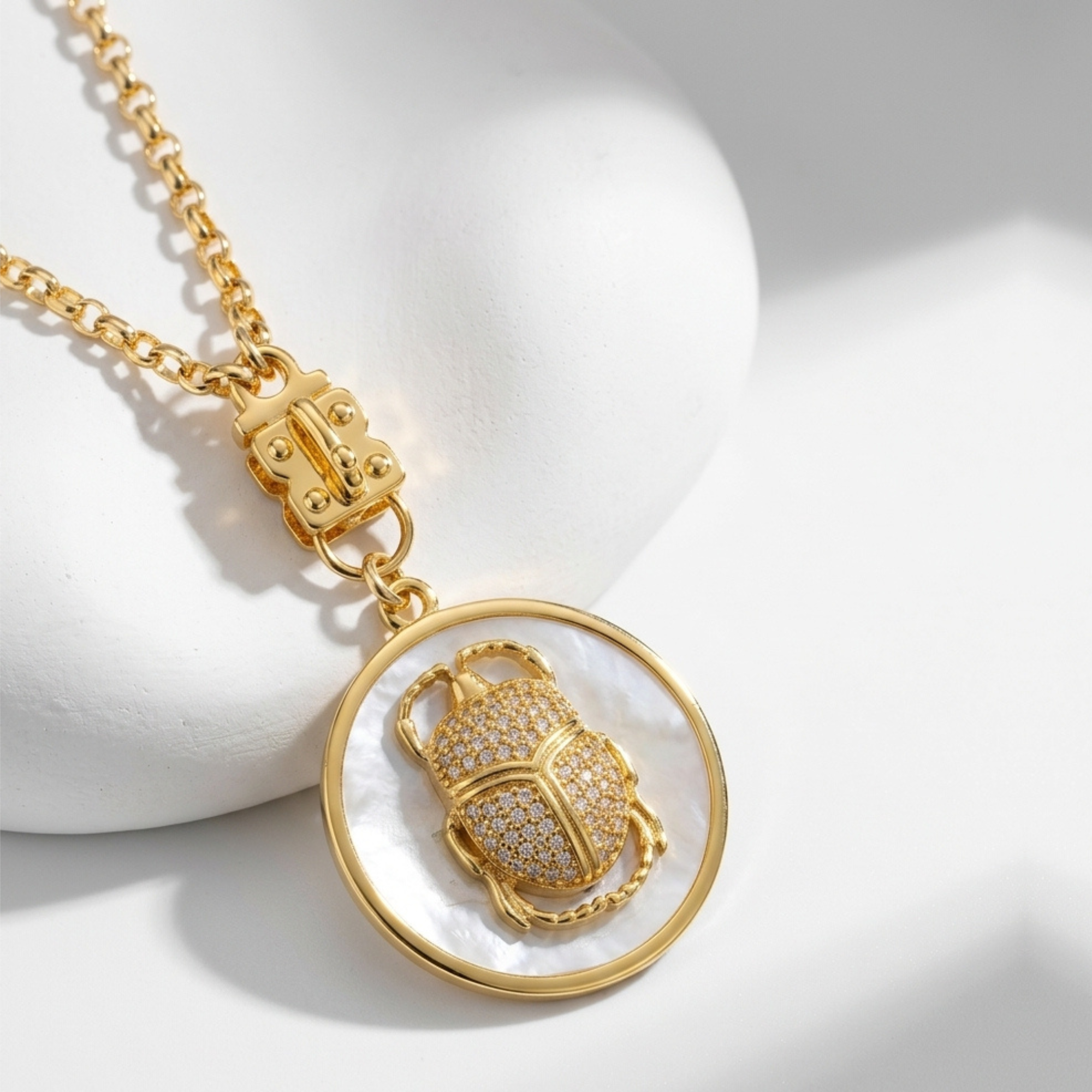 Diamond Scarab Pendant on Mother of Pearl Disc – Vermeil & Gold-Filled