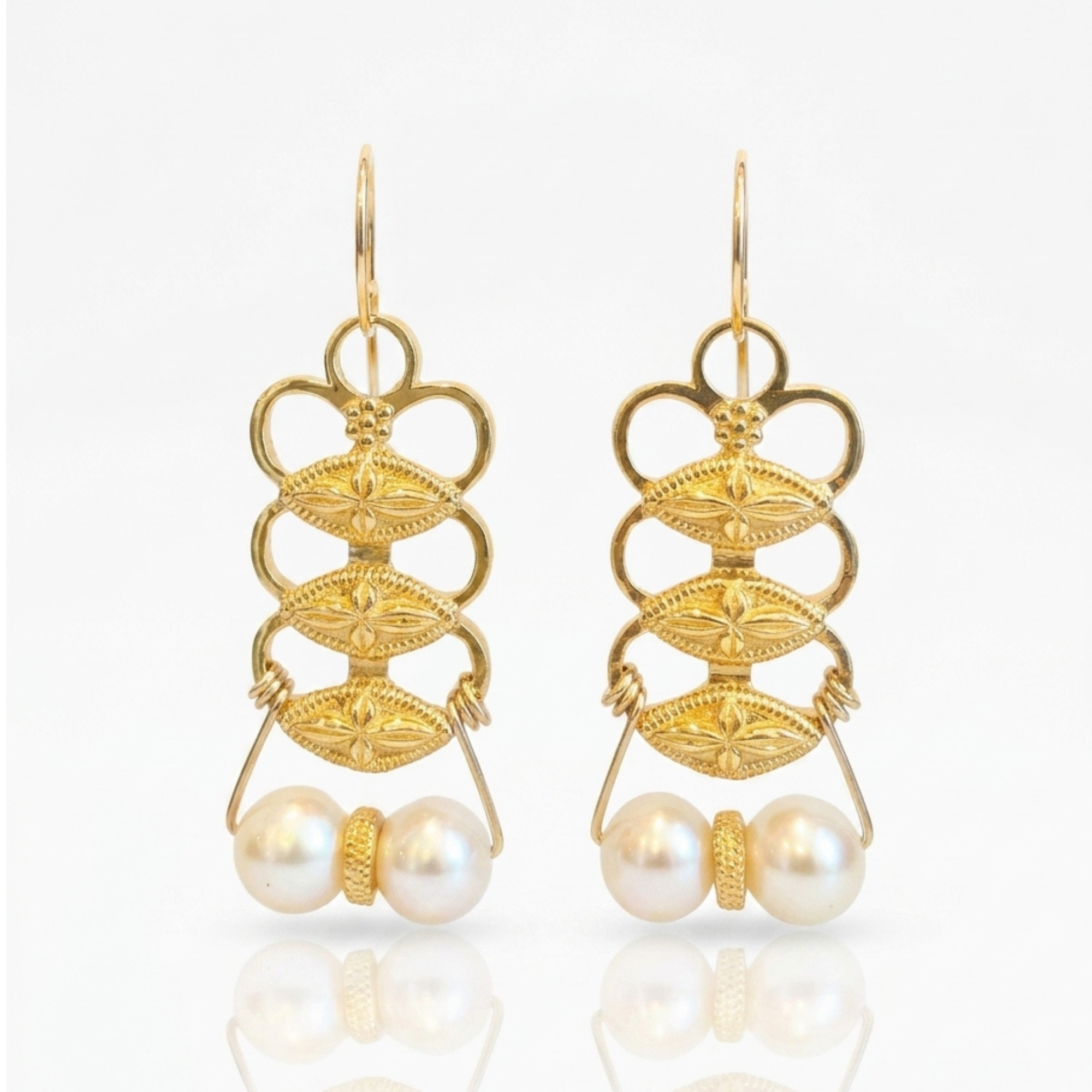 Ancient Persian Motif Earrings with Pearls and Golden Accent