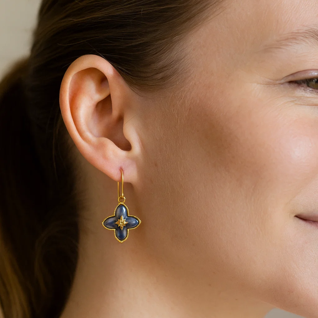 Puffed Clover Earrings with Center Diamond – Gold & Black Combo