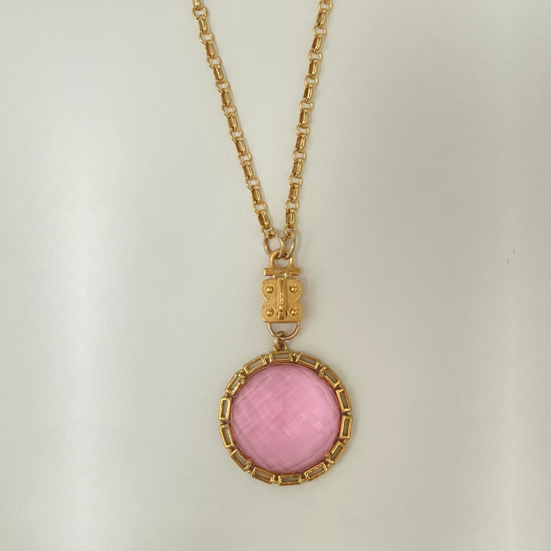 Maxine Round Vignette - Faceted Pink Quartz with Chain Bezel – Vermeil & Sterling