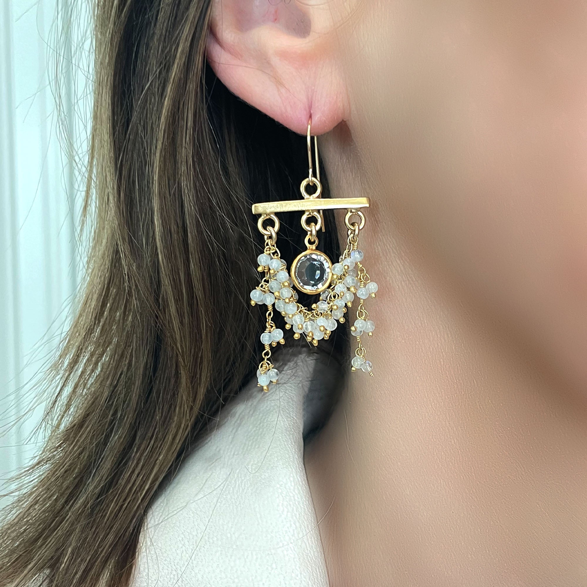 Moonstone Swag Earrings with Crystal Quartz Center – Gold Filled & Vermeil