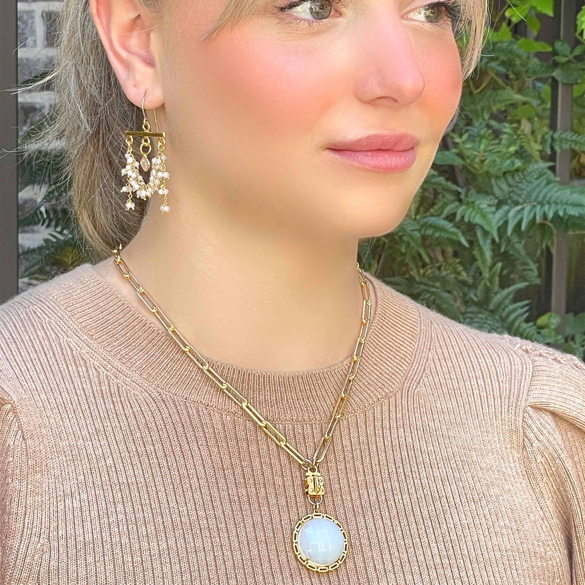 Moonstone Swag Earrings with Crystal Quartz Center – Gold Filled & Vermeil