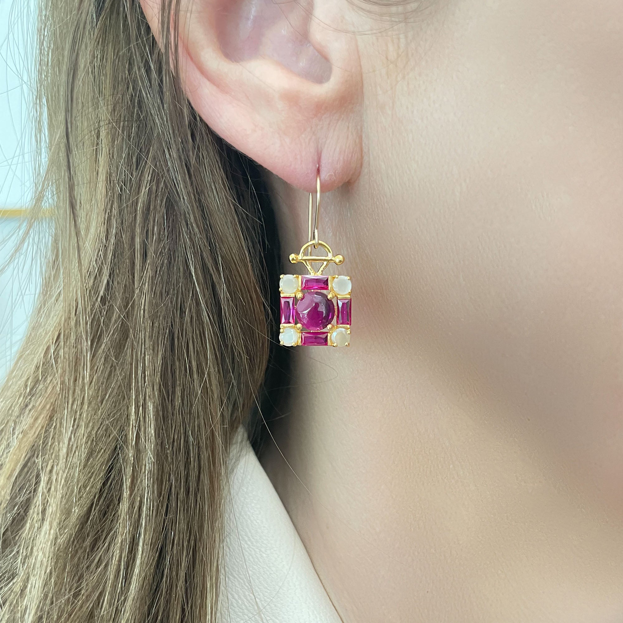 Madison-Square Pendant Earrings with Cross-Pattern Design – Vermeil & Gold-Filled Ear Wire