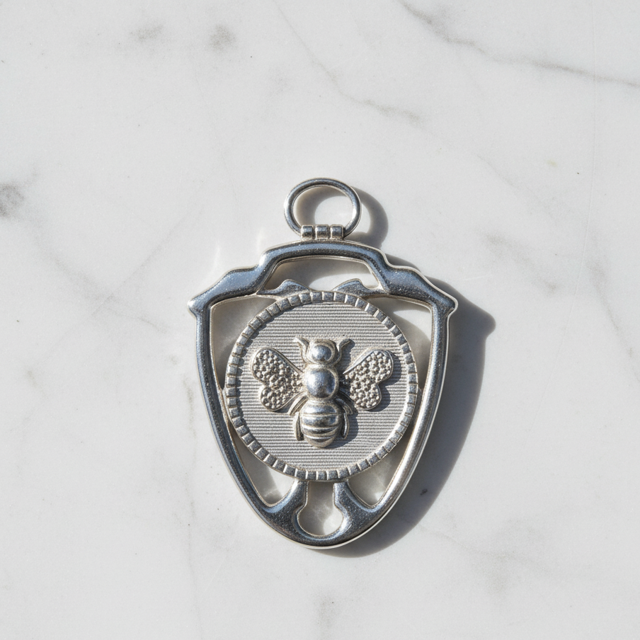 Diamond Winged Queen Bee Pendant within Shield Design – Sterling or Vermeil