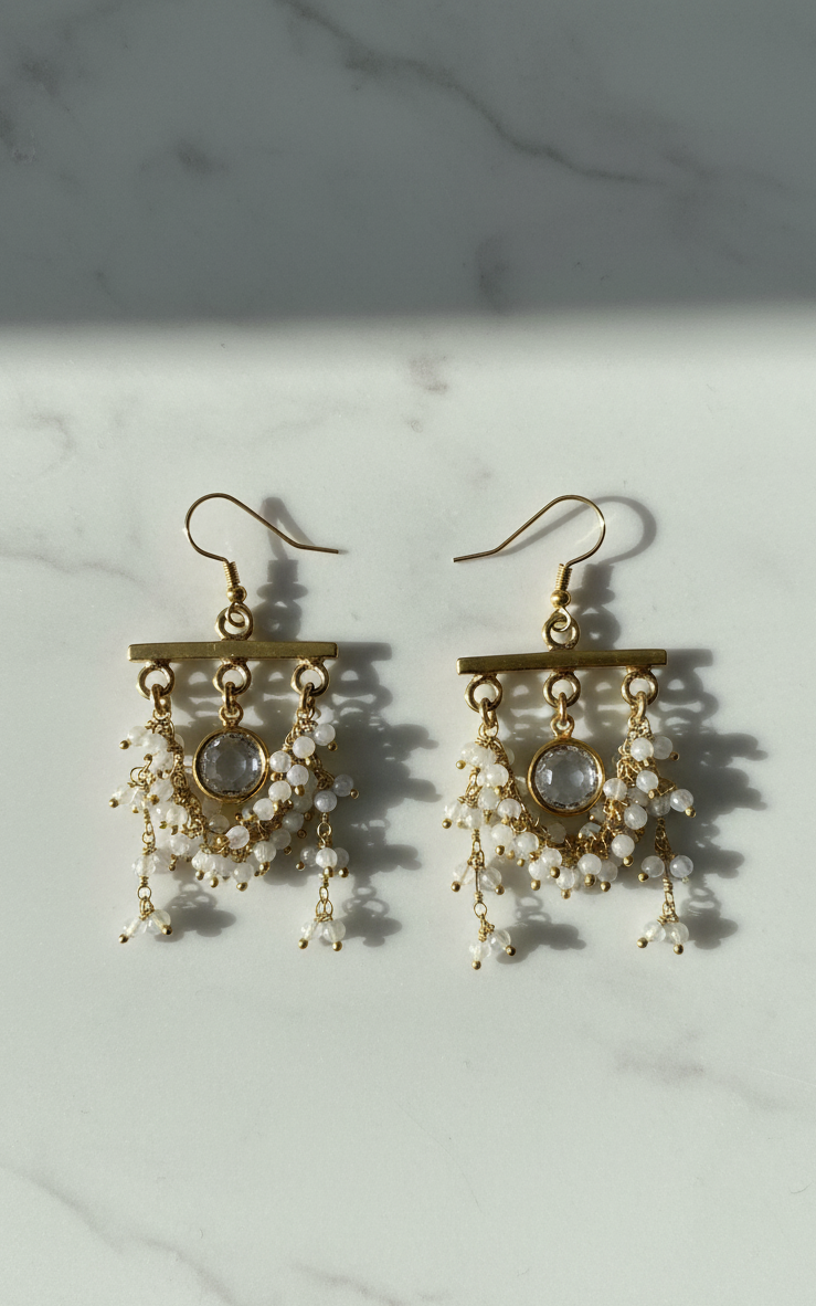 Moonstone Swag Earrings with Crystal Quartz Center – Gold Filled & Vermeil