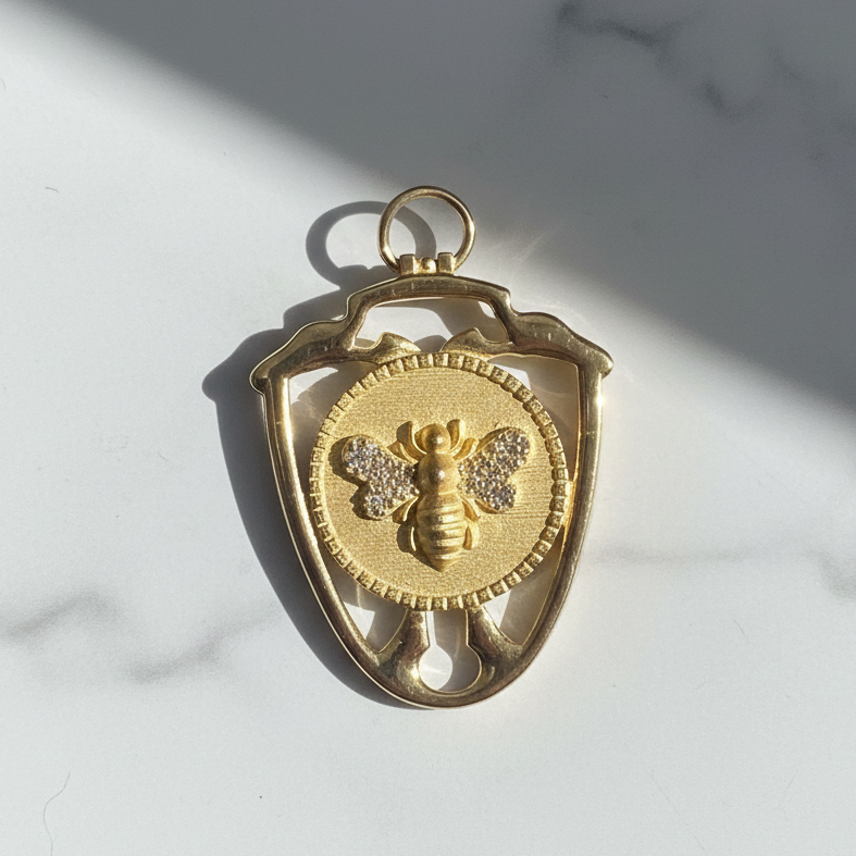 Diamond Winged Queen Bee Pendant within Shield Design – Sterling or Vermeil