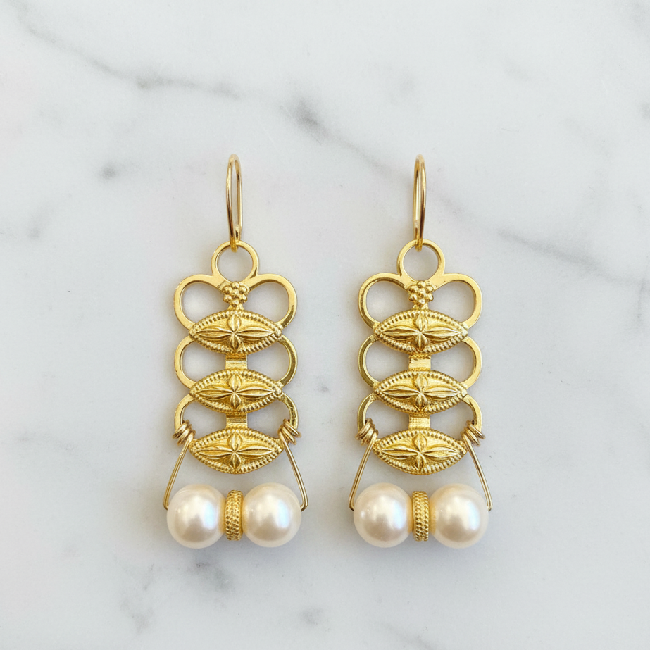 Ancient Persian Motif Earrings with Pearls and Golden Accent