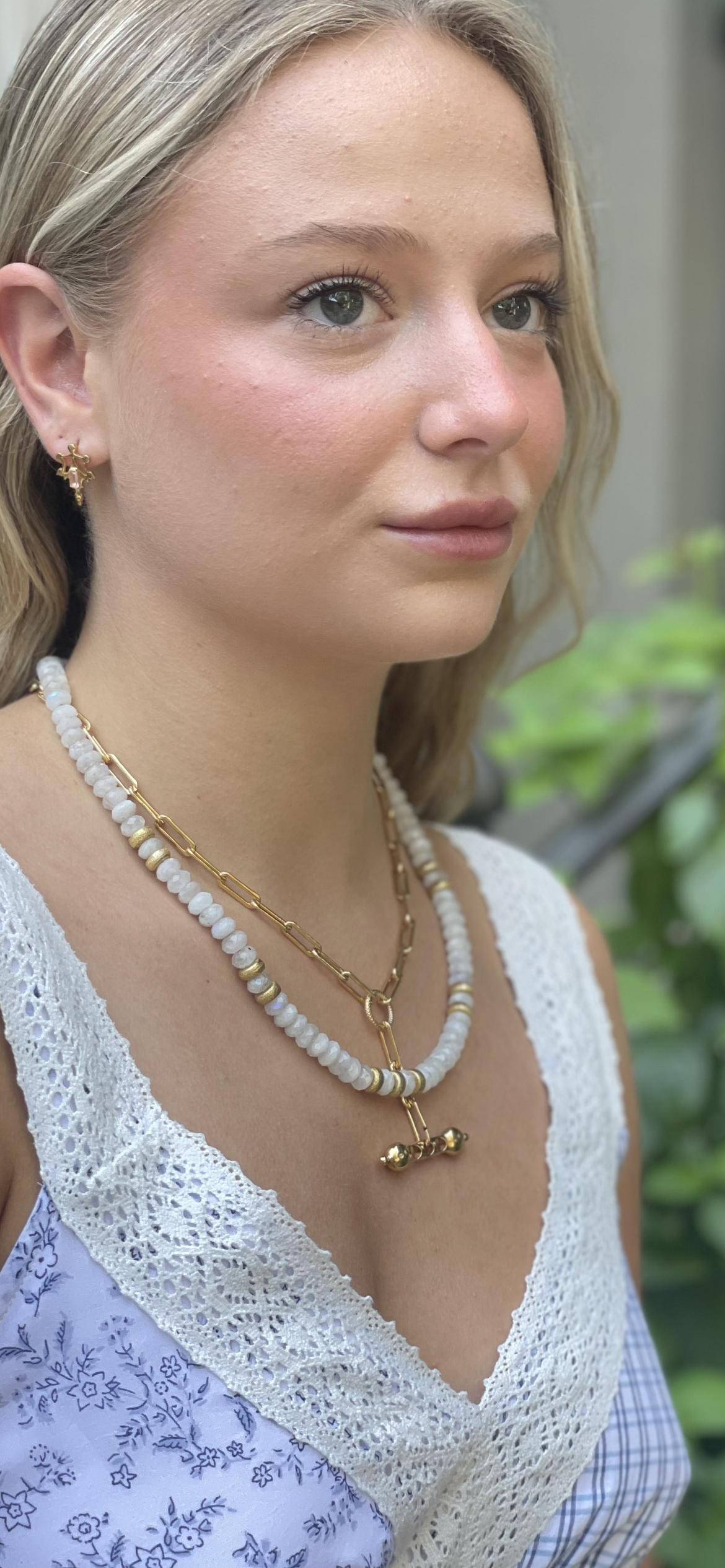 Natural Moonstone Saucers Necklace with Brushed Gold Roundel Accents – Gold-Filled & Vermeil