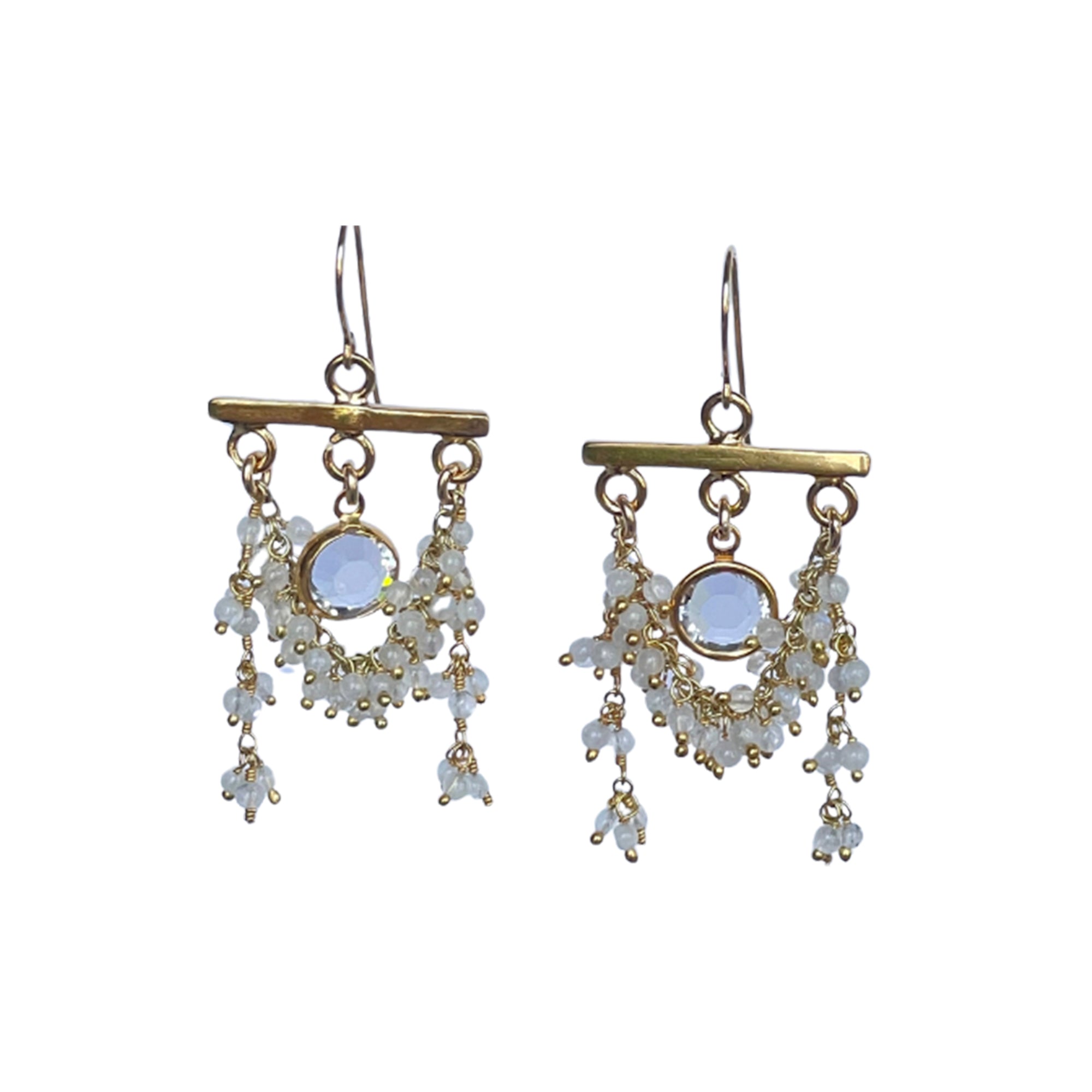 Moonstone Swag Earrings with Crystal Quartz Center – Gold Filled & Vermeil