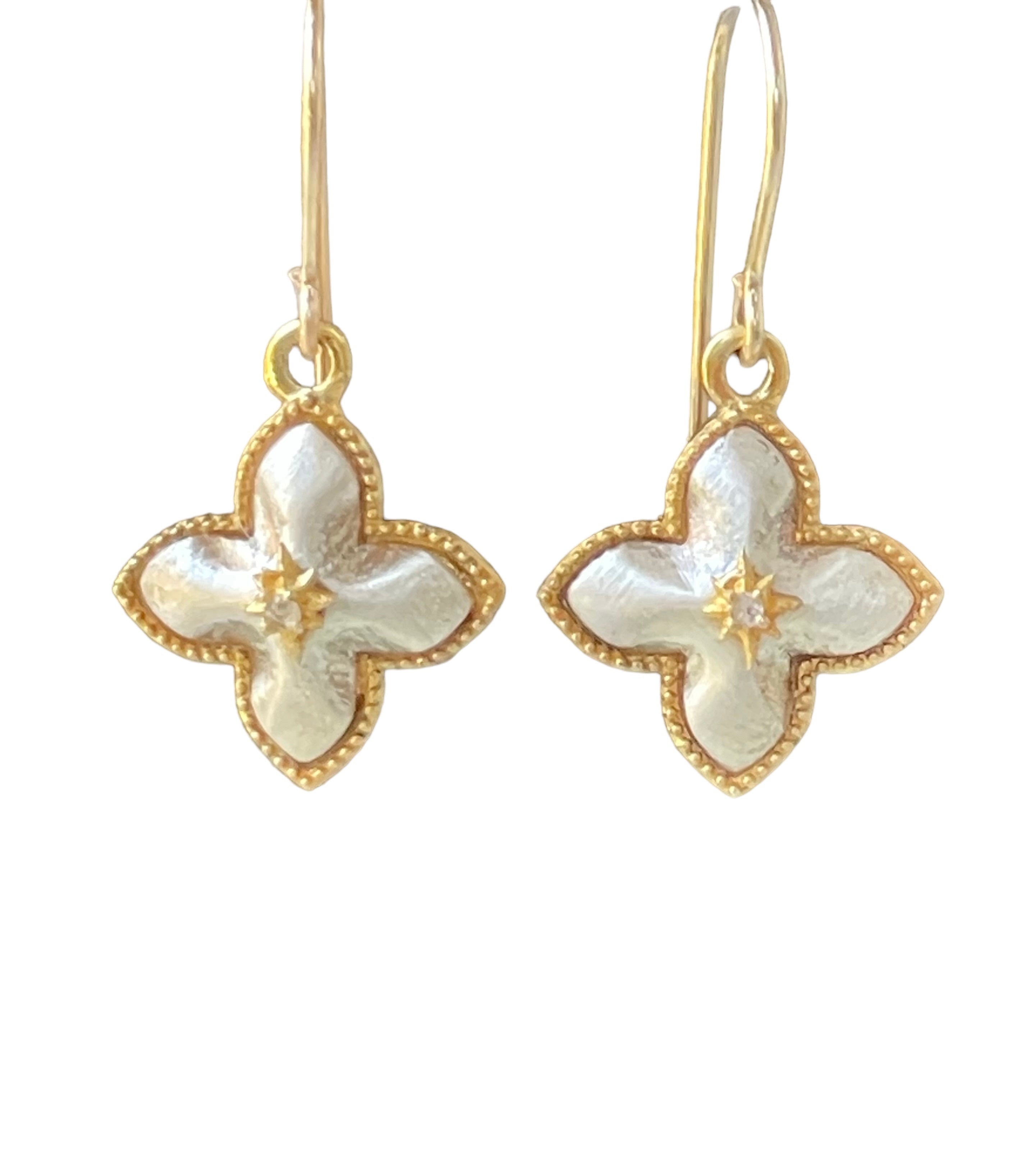 Puffed Clover Earrings with Center Diamond – Gold & Silver Combo