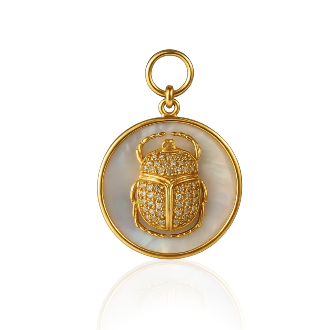 Diamond Scarab Pendant on Mother of Pearl Disc – Vermeil & Gold-Filled
