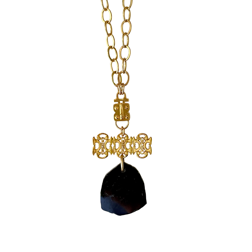 Polished Black Tourmaline Pendant with Golden Diamond Baronet Bar – Vermeil & Gold-Filled