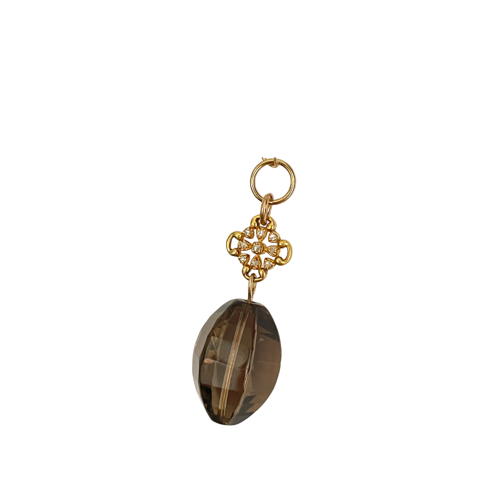 Melon-Shape Smoky Quartz Pendant with Diamond Clover Accents – Gold-Filled & Vermeil