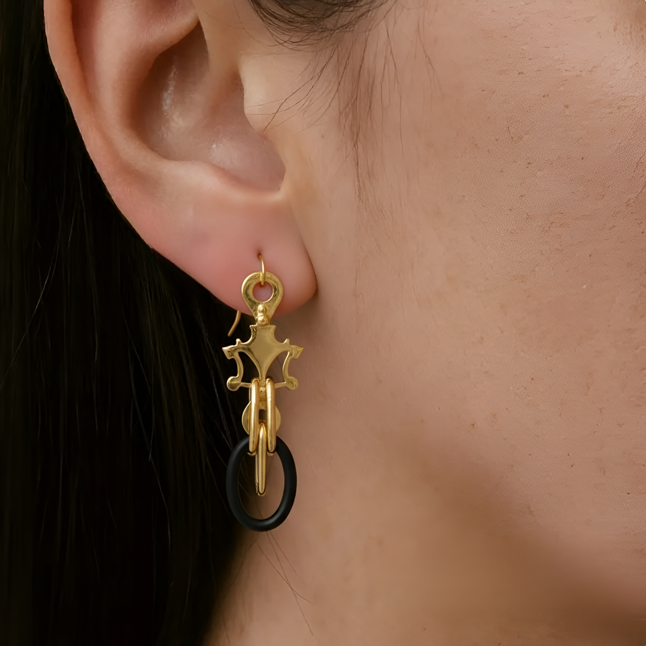 Nico Black link w/ Roman replica-Roman-Inspired Oval Black Link Earrings – Vermeil & Ruthenium with Gold-Filled Ear Wire