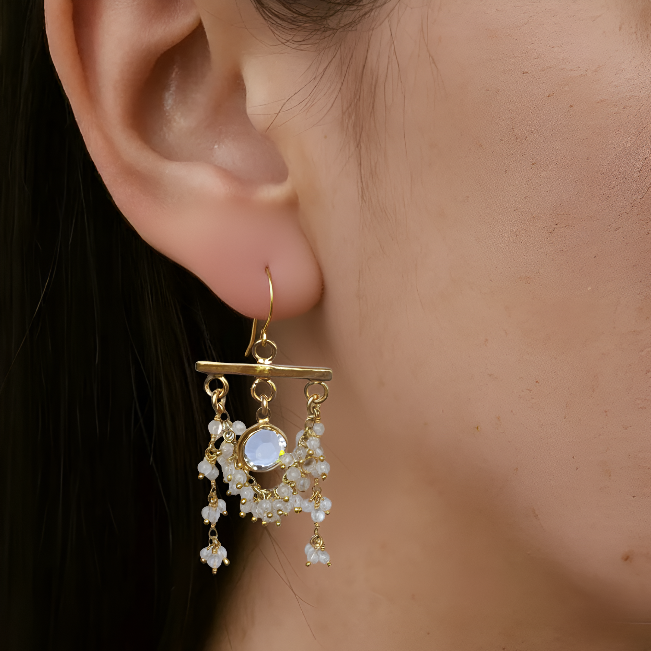 Moonstone Swag Earrings with Crystal Quartz Center – Gold Filled & Vermeil