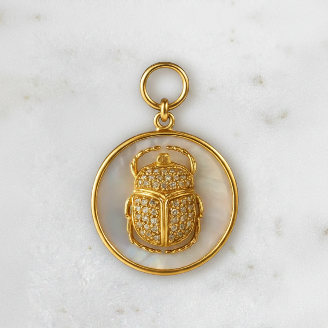 Diamond Scarab Pendant on Mother of Pearl Disc – Vermeil & Gold-Filled