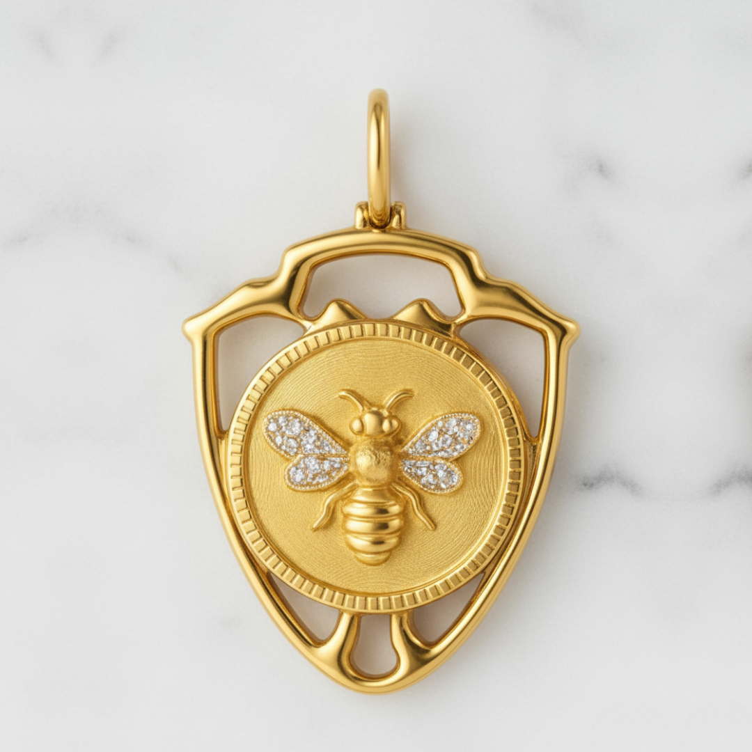 Diamond Winged Queen Bee Pendant within Shield Design – Sterling or Vermeil