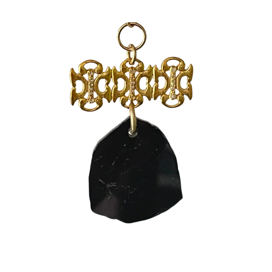 Polished Black Tourmaline Pendant with Golden Diamond Baronet Bar – Vermeil & Gold-Filled