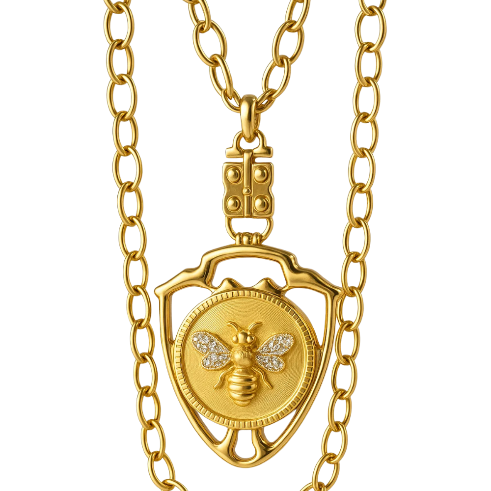 Diamond Winged Queen Bee Pendant within Shield Design – Sterling or Vermeil